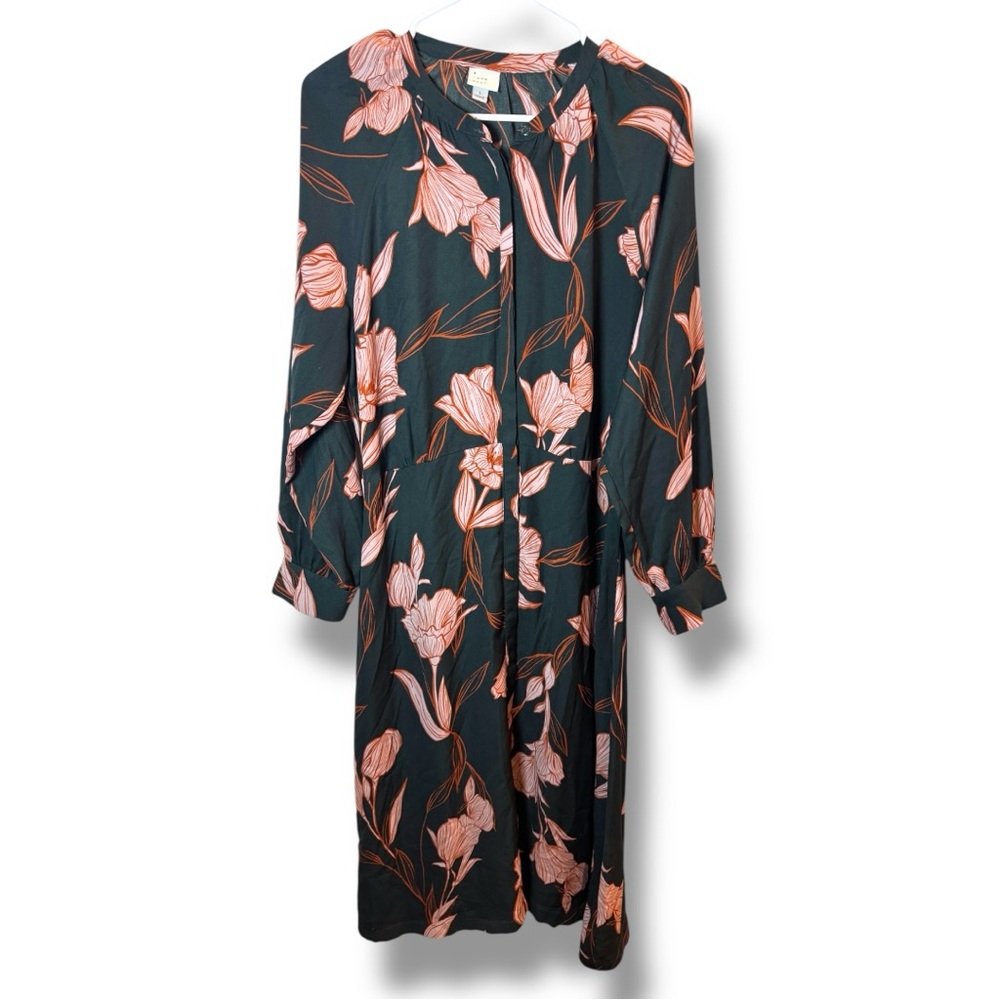A New Day Size L Green Whit Orange Floral Long Sleeve Button Down Midi Dress